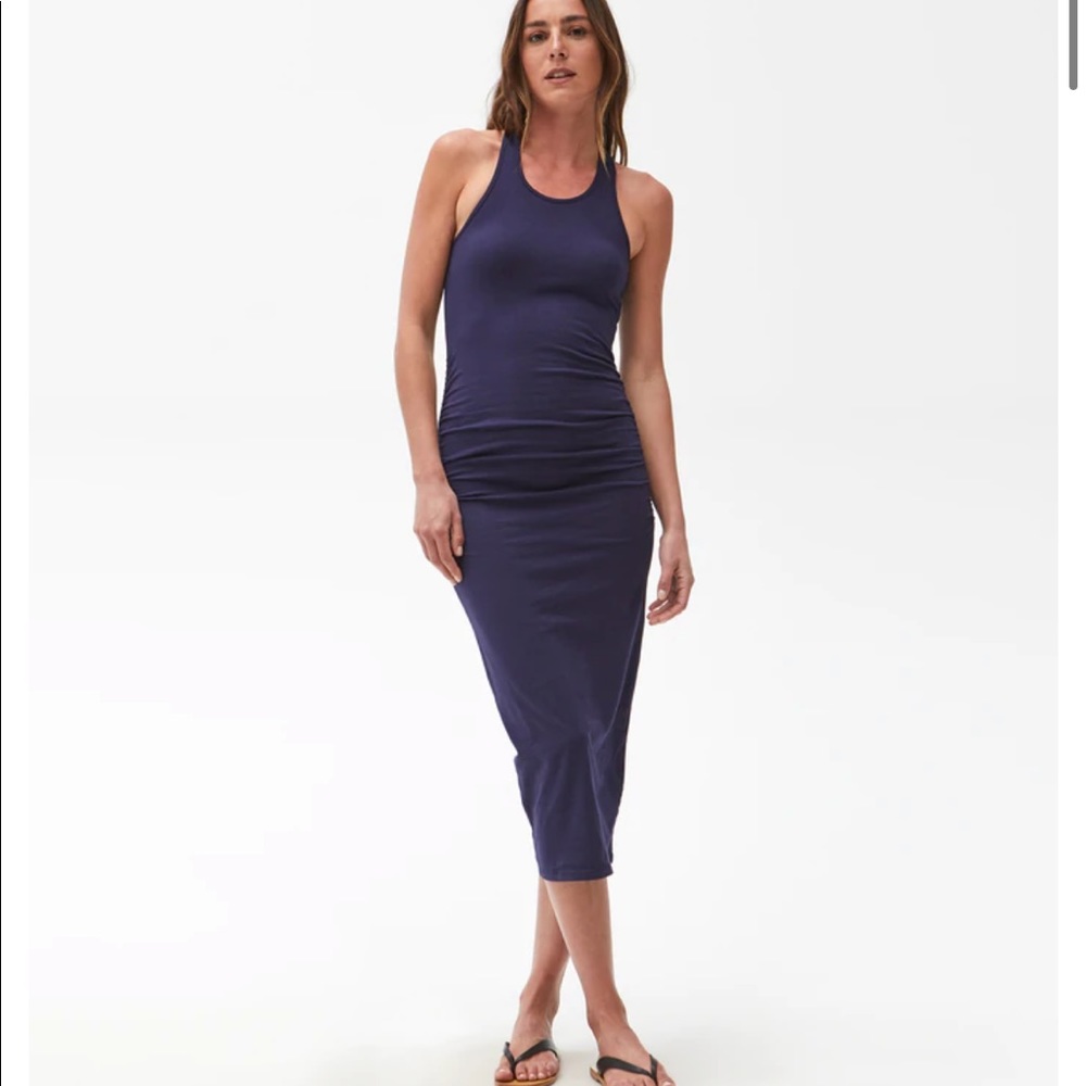 NWT Michael Stars Vivian Racerback Midi Dress stretch ruched tank dress Navy XS
